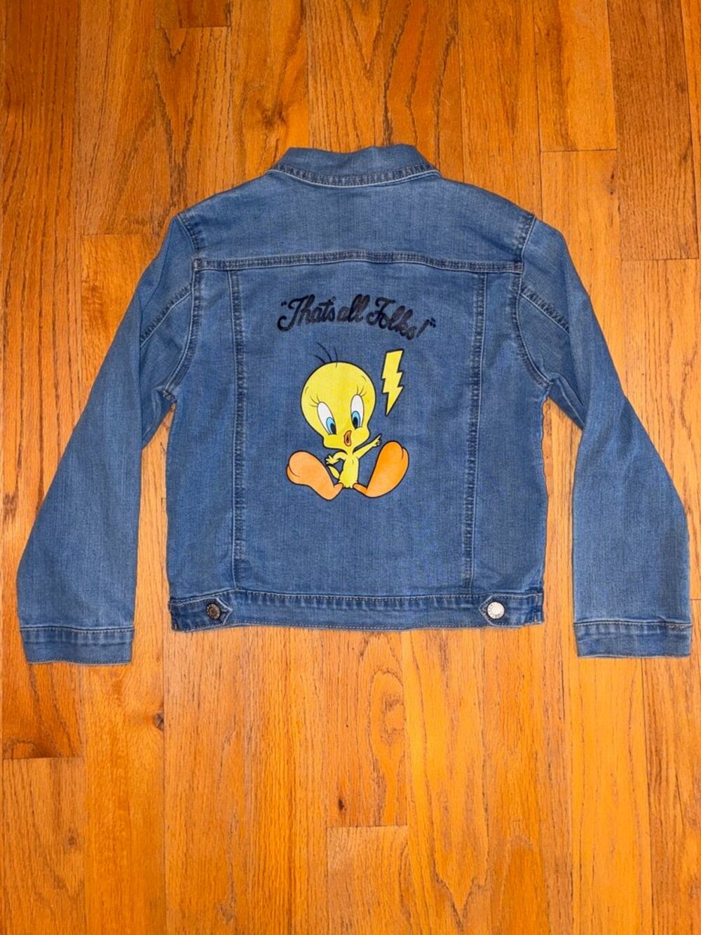 Looney Tunes Tweety Bird Denim Jacket Blue That’s All Folks Girls L 10/12